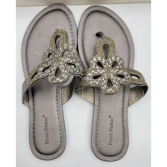 Pierre Dumas Womens Pewter Beaded Sandals Thong Flip Flop Size 8 New in Box - Picture 3 of 6